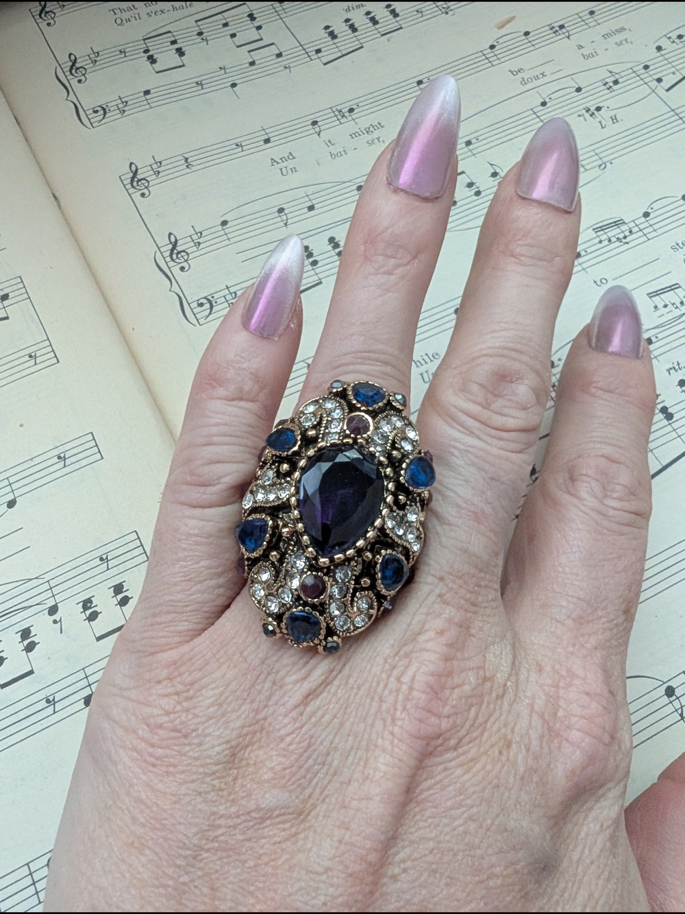 Vintage Statement Ring with Purple and Blue Stones Size 7